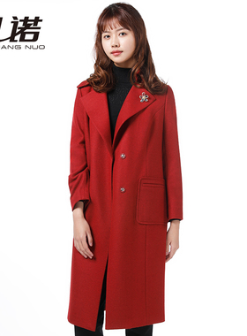 靓诺红色毛呢针织大衣女士秋冬外套风衣修身大气中长款LD17412A
