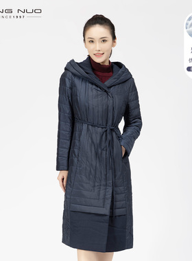 靓诺气质韩版棉衣女秋新冬款连帽拼接中长款加厚棉服外套LM19442A