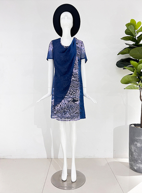 靓诺蓝紫色豹纹定位花连衣裙LL15244A