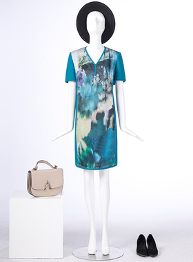 靓诺孔雀蓝印花撞色长款连衣裙LL17290A