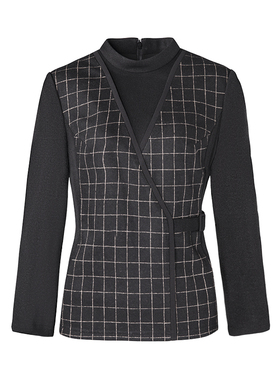 靓诺藏蓝色撞色格子立领小衫简约气质针织毛V领拼接修身LV21441A