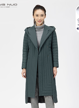 靓诺灰绿连帽下摆前后不对称羽绒服LY20466A
