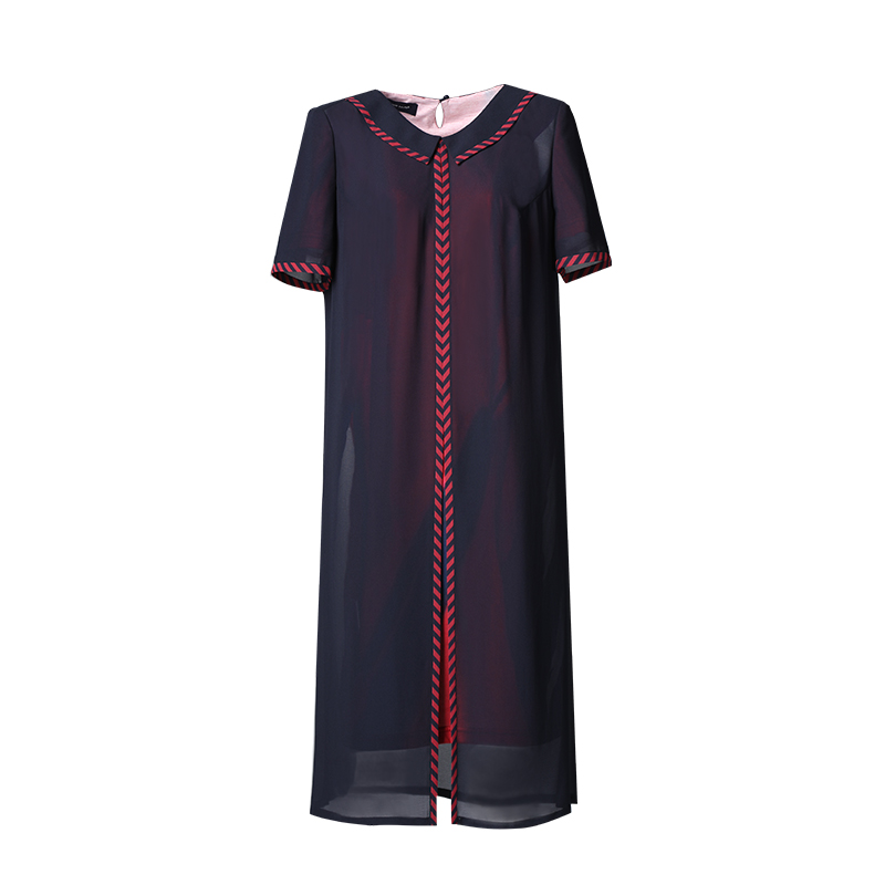 靓诺藏蓝色飘纱花型连衣裙