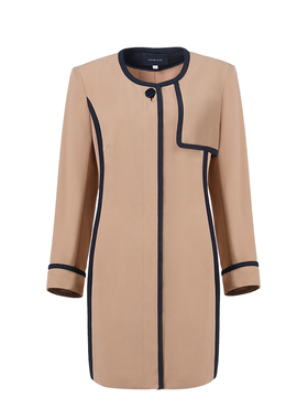 靓诺驼色滚边薄女士风衣时尚优雅显瘦春秋中长圆领外套LF14376A