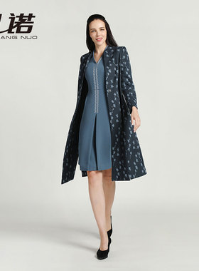 靓诺秋冬女士风衣印花色织柏林蓝毛针织欧美宽松羊毛外套LF19325A