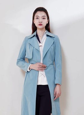 靓诺天蓝色纸风衣春秋女士修身收腰显瘦中长款外套百搭LF18139A