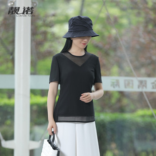 黑色针织拼接宽松网纱修身 经典 T恤LT21202A 圆领短袖 靓诺2021夏季