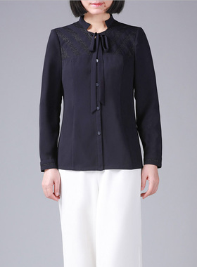 靓诺蕾丝系带长袖衬衫藏蓝色打底衫女士内搭春秋款上衣LC19112A