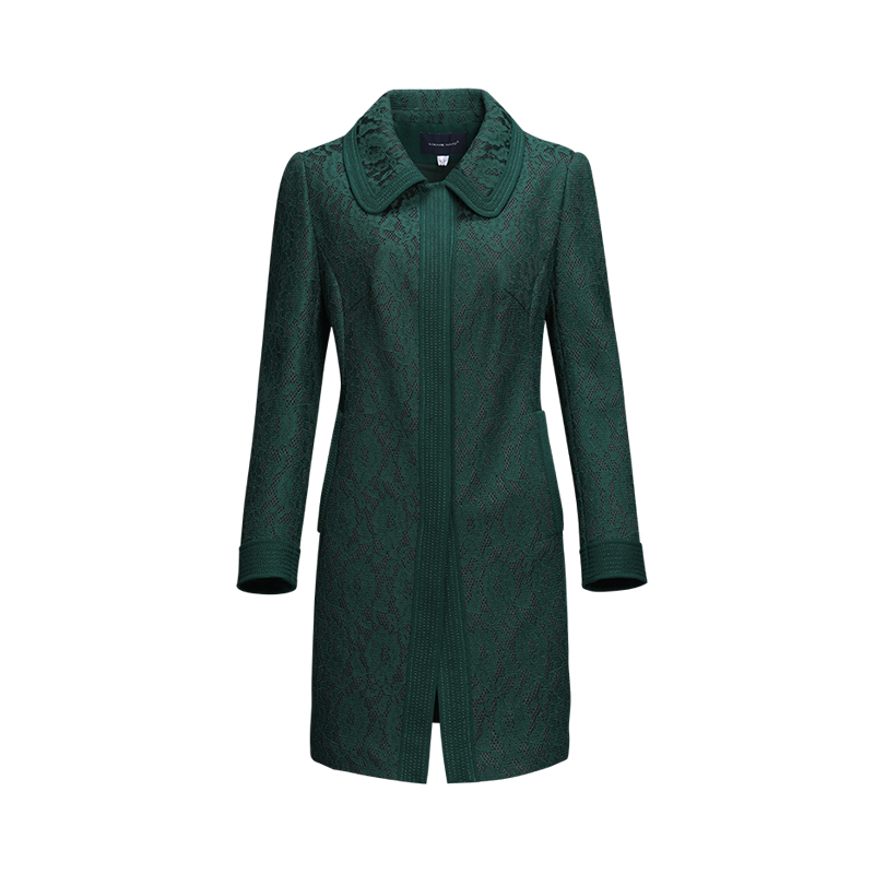 靓诺墨绿色方形水溶蕾丝风衣