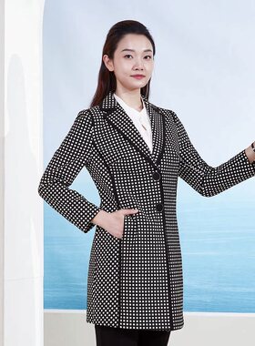 靓诺黑白格短风衣女士外套修身收腰中长款时尚格子百搭LF18132A