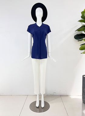 靓诺紫色压细褶立领半袖衬衫LC15266A