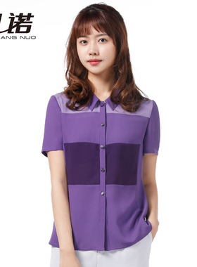 靓诺紫色蕾丝横条拼接衬衫女士春夏短袖宽松修身显瘦衬衣LC16223A