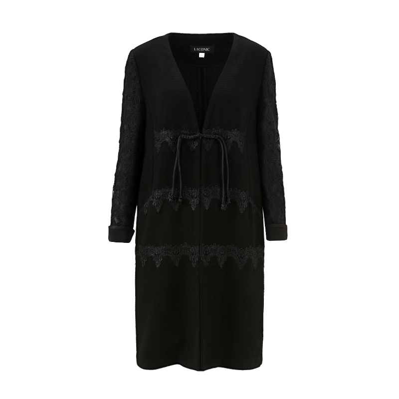 [轻柔百搭]LIANGNUO靓诺黑色V领胸前蕾丝外披春秋中长款NX16121A