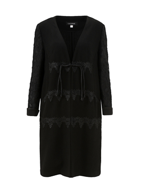 [轻柔百搭]LIANGNUO靓诺黑色V领胸前蕾丝外披春秋中长款NX16121A