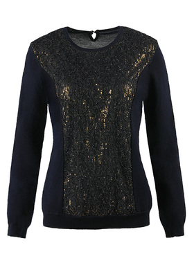 靓诺藏蓝色蕾丝亮片毛衫LW14819A