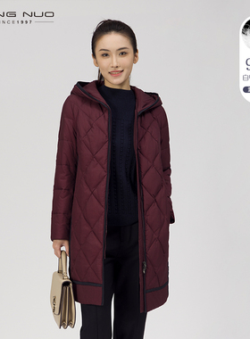 靓诺女装连帽羽绒服女冬季大码简约气质菱格中长款外套女LY17489A