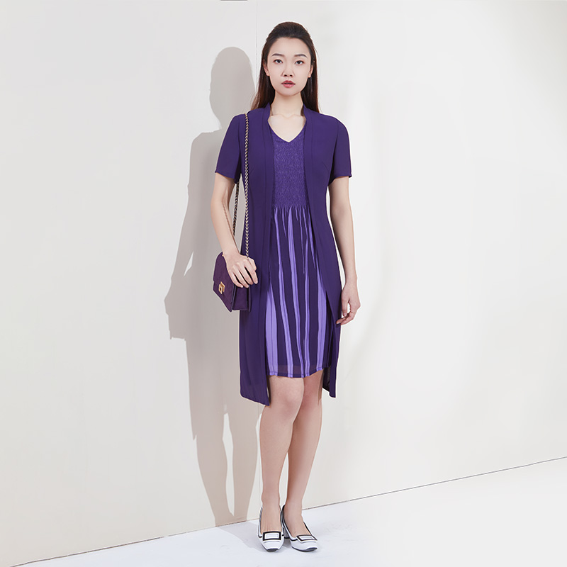 紫色肌理顺纹假两件连衣裙