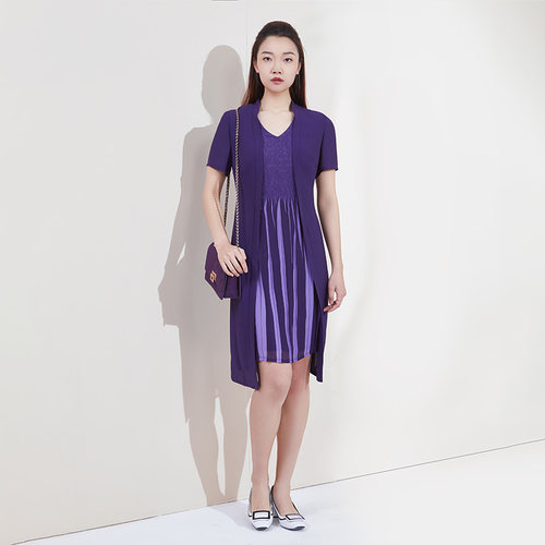 紫色肌理顺纹假两件连衣裙
