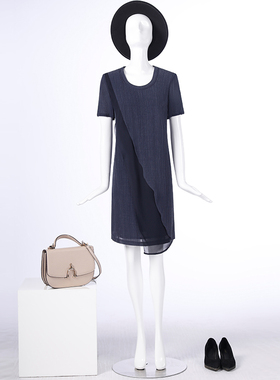 靓诺藏蓝色飘片不对称连衣裙LL17272A