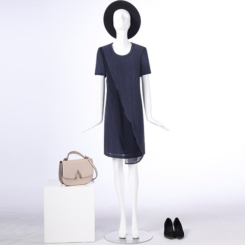 靓诺藏蓝色飘片对称连衣裙