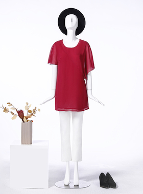 LIANGNUO靓诺玫红色宽松中长款不规则半袖衫LQ14103A
