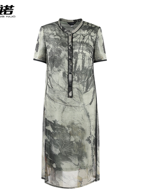 靓诺复古休闲中式水墨印花连衣裙女中长款夏季修身显瘦LL19269A