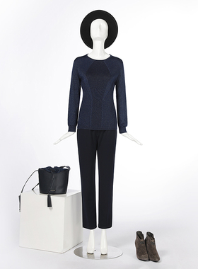 靓诺宝蓝色圆领提花亮丝毛衫LW17352A