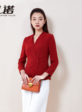 靓诺新款新年红长袖V领优雅气质上衣修身T恤纯色纤维小衫LT19102A