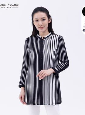靓诺通勤ol风气质条纹衬衫中长款春秋款小立领长袖衬衣女LC20153A