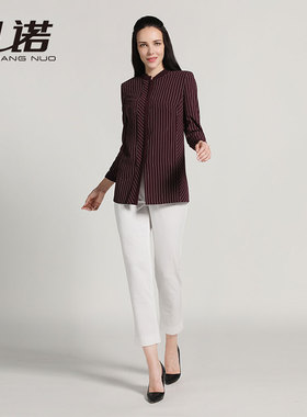 靓诺秋冬衬衫长袖上衣小众女士花型条纹气质高档立领衬衣LC19319A