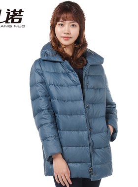 靓诺女士冬季蓝灰色大翻领系扣羽绒服修身连帽白鸭绒轻薄LY20453A