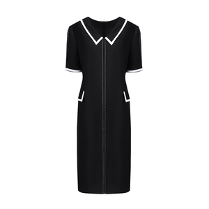 靓诺黑色小翻领拼白边连衣裙LL20267A