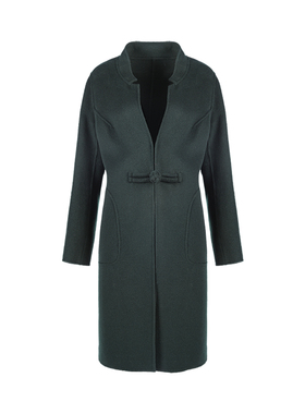 靓诺墨绿色中国结大衣女士秋冬中长款外套V领时尚百搭LD17425A