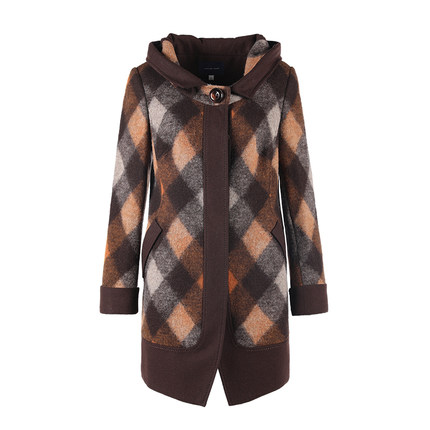 [英伦风格]LIANGNUO靓诺格子拼色大衣毛呢秋冬新款外套女LD14636A