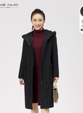 [轻暖羽绒]LIANGNUO靓诺白鸭绒中长黑色大码羽绒服外套女LY19456A