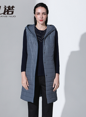 靓诺秋冬女马甲灰蓝色高端气质外穿大码中长款连帽棉马甲LJ19413A
