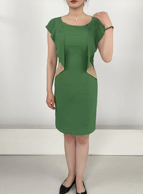 LN系列轻奢女士绿色配驼色连衣裙显瘦气质时尚夏季修身裙NQ14022A