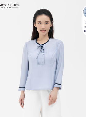 靓诺优雅轻熟浅蓝色雪纺收腰长袖圆领T恤衫女装春季新款LV20105A