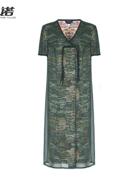 靓诺新中式盘扣气质连衣裙女新款女夏装绿色优雅裙子LL23163J