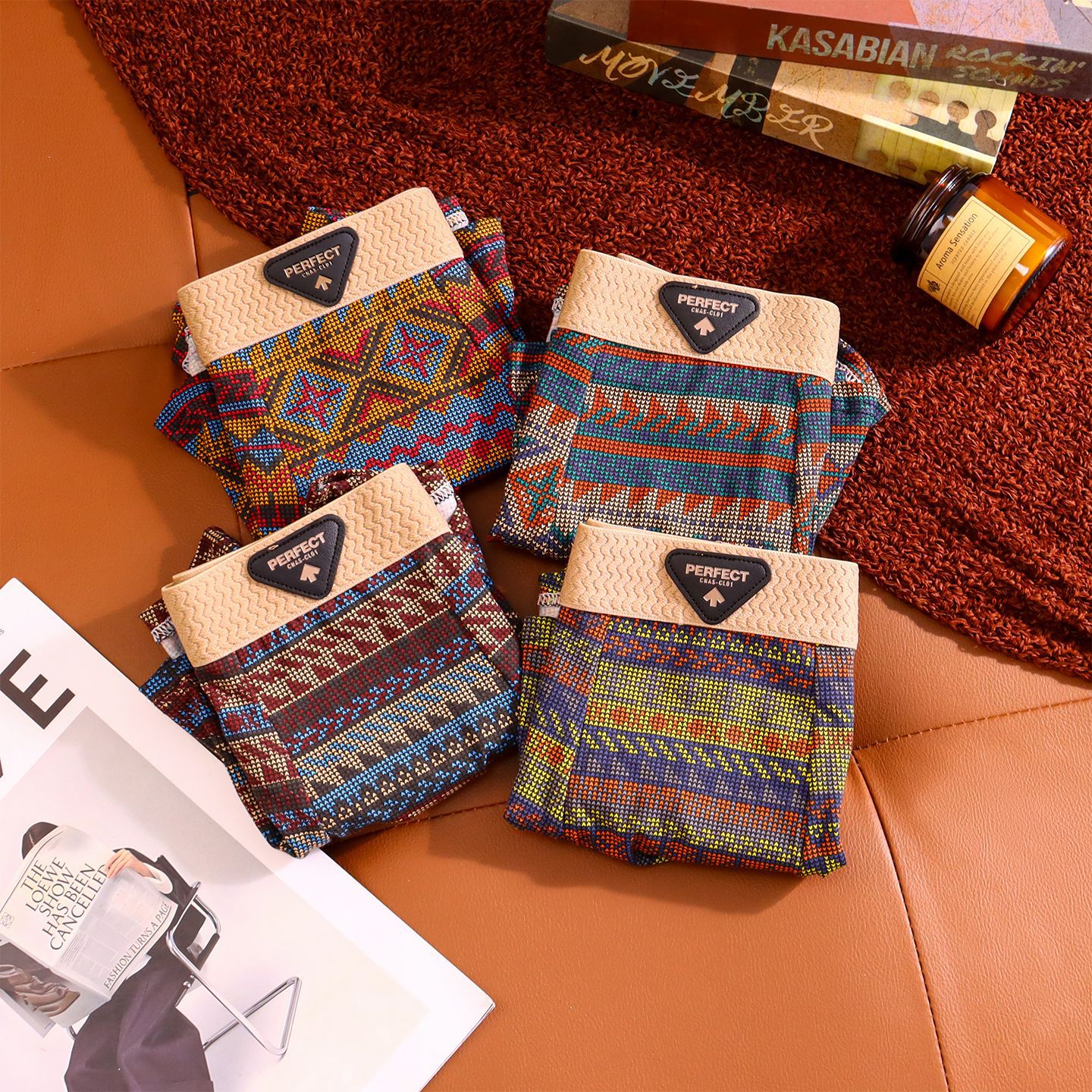 棉质男士内裤男舒适透气男生平角裤复古潮流民族风印花四角裤短裤