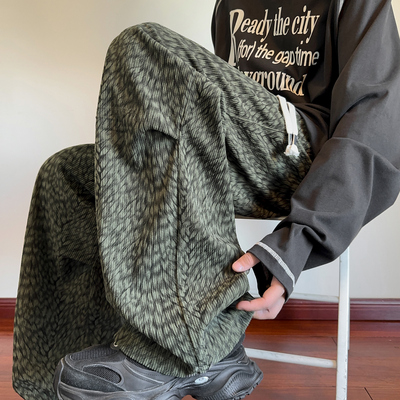 雪尼尔裤子男秋冬款外穿宽松阔腿扎染休闲长裤小众设计感豹纹男裤