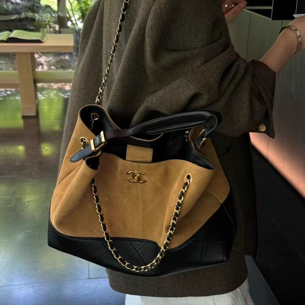 塔尖定制 小香风25a米色拼羊皮麂皮hobo托特单肩斜挎手提女包1122