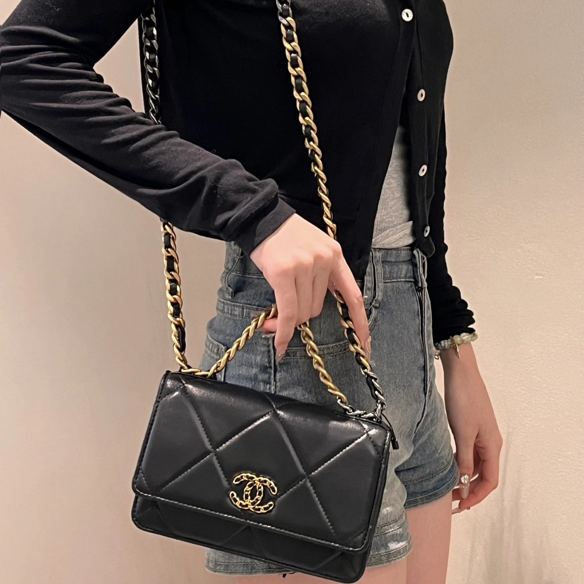 塔尖定制 小香风19BAG WOC翻盖菱格纹旋钮版羊皮单肩斜挎包1122