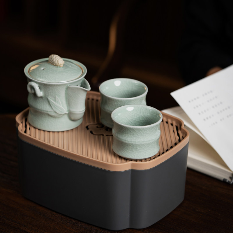 廷怀窑汝瓷开片手抓壶中式泡茶壶一壶两杯 旅行茶具便携旅行包