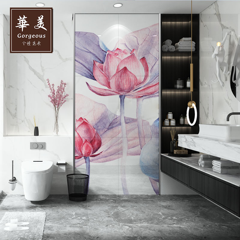 新中式卫生间瓷砖微晶石浴室洗手间厕所背景墙马桶装饰画手绘荷花图片