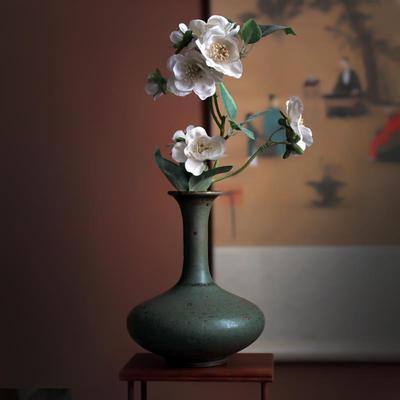 素功瑾礼手工复古绿色粗陶中式陶瓷花瓶桌面插花小花器客厅小摆件