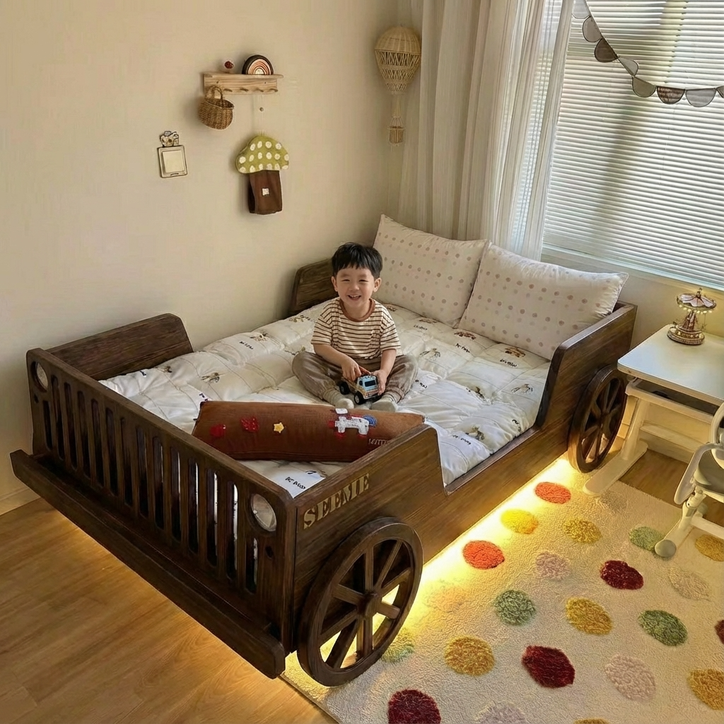 喜力美汽车床儿童床男孩带护栏卧室中古风小户型复古男童房新款床,住宅家具,儿童拼接床,淘宝优惠券,粉丝福利购,淘宝优惠卷