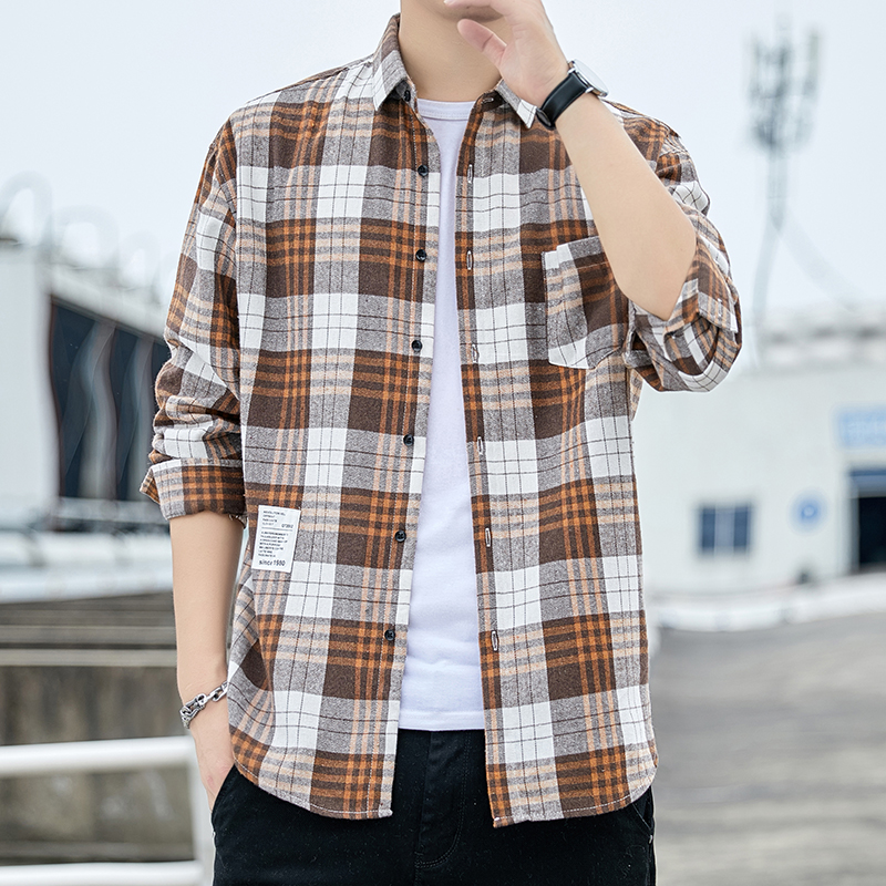男士港风格子衬衫男长袖休闲衬衣青年帅气宽松寸衫101A-CS120-P26，男装衬衫，星座101A