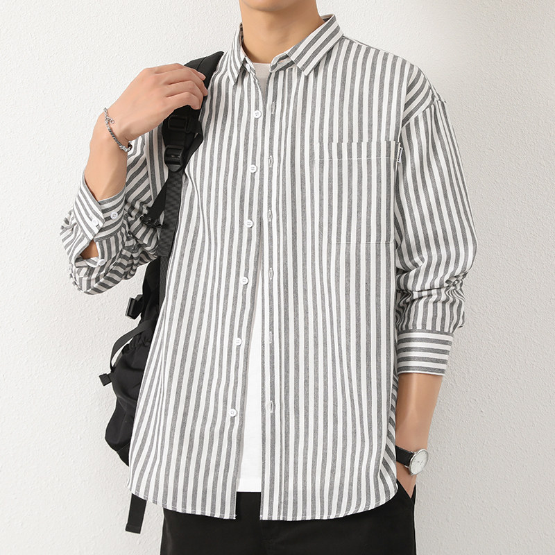 港风条纹衬衫男士长袖春秋款潮流宽松休闲衬衣101A-CS192-P28,男装衬衫,星座101A