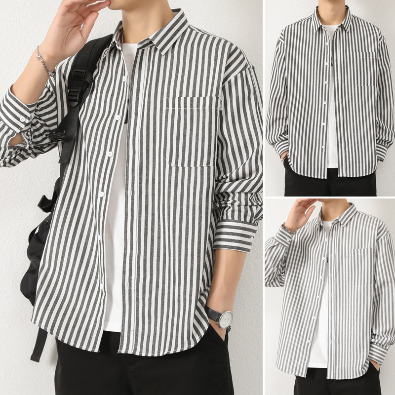 港风条纹衬衫男士长袖春秋款潮流宽松休闲衬衣101A-CS192-P28，男装衬衫，星座101A